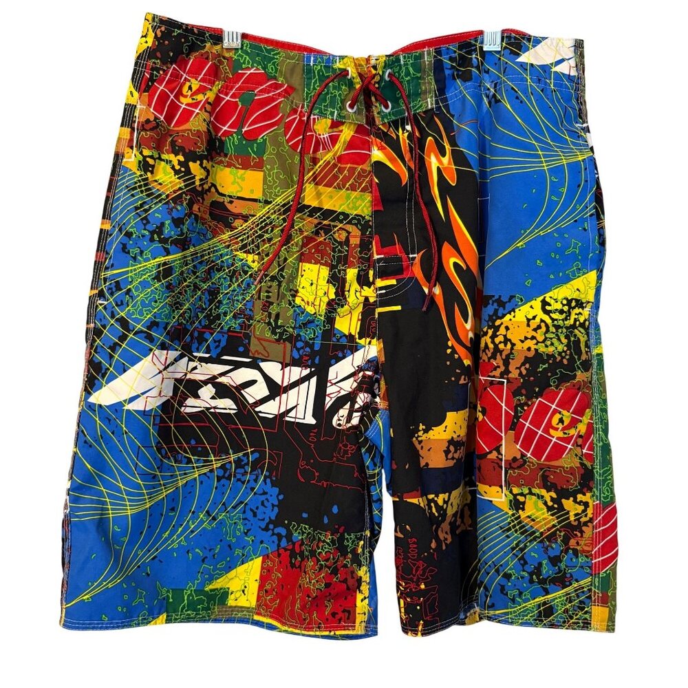 Vintage Y2K No Boundaries Colorful Abstract Board Shorts 34 Swimwear Swim Trunks